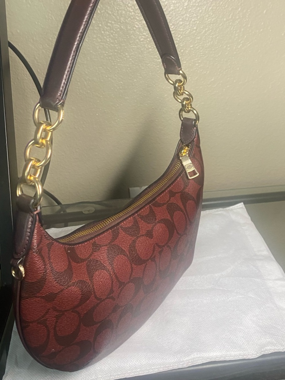 Coach Signature Crescent Shoulder Bag in Burgundy and Dark Brown - Picture 4 of 5